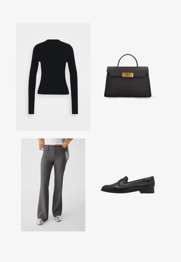 Top lungo a maniche lunghe nero a costine con una silhouette aderente, collo alto e texture liscia, caratterizzato da maniche sottili e senza hardware visibile.; Pantaloni grigi a zampa d'elefante realizzati in tessuto testurizzato, con chiusura a due bottoni e passanti per la cintura, abbinati a sneakers argentate lucide.; Mocassino in pelle nera con una texture liscia, punta arrotondata e un piccolo dettaglio a strap rialzato. Presenta un tacco basso e robusto.; Borsa a mano in pelle nera con forma strutturata, chiusura in hardware dorato e manico superiore. Finitura testurizzata e base piatta per la stabilità.