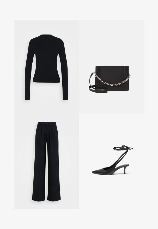 Musta ribbed pitkähiha topi, jossa on istuva siluetti, korkea kaula-aukko ja sileä pinta. Topissa on kapeat hihat eikä näkyvää metalliosaa.; Huonekatot mustat housut, jotka on valmistettu sileästä kankaasta; niissä on napitus ja hienovaraiset laskokset, sekä mukavuutta lisäävä joustava vyötärö.; Mustat nahkaiset stiletto-kengät, joissa on terävä kärki, avoin takaosa ja nilkkahihnat solmittuina rusetiksi. Kapea 3-tuumainen korko. Tasainen pinta, minimalistinen muotoilu.; Musta nahkainen olkalaukku, jossa on sileä pinta, suorakulmainen muoto ja metalliketju yksityiskohtana edessä. Mukana säädettävä hihna.