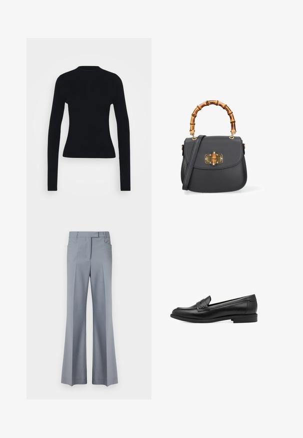 Zwarte geribbelde langslijf top met een aansluitende silhouet, hoge halslijn en gladde textuur, met smalle mouwen en geen zichtbare hardware.; Uitlopende lichtgrijze broek met een tailor-made ontwerp, voorzien van een tailleband, twee zijzakken en doorgestikte plooien langs de voorkant.; Zwarte leren instapper met een gladde textuur, voorzien van een gevlochten accent over de bovenkant en een lage, ronde hak. Eenvoudig ontwerp en vorm.; Zwarte leren handtas met een afgeronde vorm, bamboe handvat, gouden hardware en een klepoversluiting met een decoratieve sluiting.