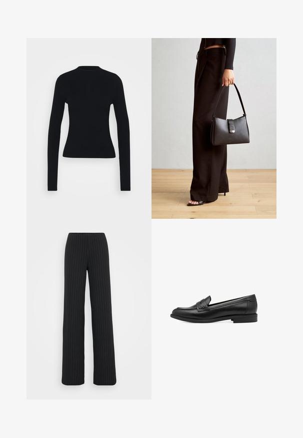 Top lungo a maniche lunghe nero a costine con una silhouette aderente, collo alto e texture liscia, caratterizzato da maniche sottili e senza hardware visibile.; Vero Moda Tall VMBERLIN MY WIDE - Pantaloni - obsidian/oatmeal; Mocassino in pelle nera con texture liscia, caratterizzato da un accento intrecciato sulla parte superiore e un tacco basso e arrotondato. Design e forma semplici.; Borsa nera con forma strutturata, texture liscia e una chiusura metallica. Abbinata a pantaloni neri larghi e sandali open-toe su un pavimento in legno.