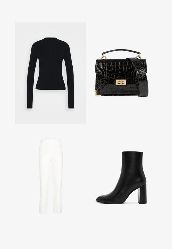 Zwarte geribbelde langslijf top met een aansluitende silhouet, hoge halslijn en gladde textuur, met smalle mouwen en geen zichtbare hardware.; Witte broeken met een rechte pijpdesign, voorzien van zijplooien en een gladde textuur. Geen zichtbare zakken of hardwaredetails.; Zwarte leren enkelboot met een spitse neus en een stevige hoge hak. Soepele textuur met een minimalistisch ontwerp en geen zichtbare hardware of accenten.; Zwarte patenten leren handtas met een krokodillenstructuur, gouden hardware, een bovenhandvat en een afneembare schouderband. Rechthoekige vorm met een klepafsluiting.
