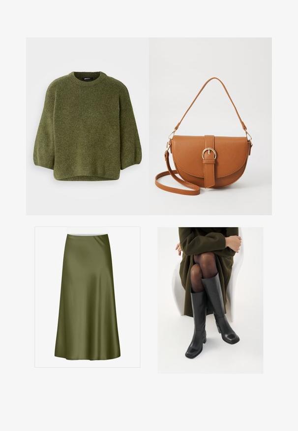 Olive green knitted sweater with a round neckline, balloon sleeves, and a slightly cropped hem. Soft texture with a ribbed pattern.; Olive green, knee-length satin skirt with a smooth texture and gentle flare. Features a waistband and no visible fastenings or patterns.; Knee-high black leather boots with a squared toe and block heel, shown with a model seated in an olive green coat. Smooth texture, minimal detailing.; Brown leather crossbody bag with a curved shape, gold hardware, and a buckle accent. Features a detachable shoulder strap.