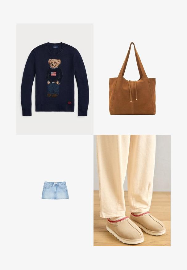 Maglione a maglia blu navy con un design di orsetto ricamato che indossa un maglione a strisce, jeans blu denim e scarpe marroni. Logo rosso sull'orlo.; Gonna mini in denim di colore azzurro chiaro, con taglio dritto, cinque tasche e chiusura frontale con bottone e passanti per cintura. Tessuto morbido.; Zoccoli in suede color nocciola con un bordo decorativo rosso e suola in gomma bianca, abbinati a pantaloni beige chiaro, posati su un pavimento di legno.; Borsa a tracolla in suede marrone con due lunghe cinghie, chiusura con cordoncino e design minimalista. Texture liscia e senza elementi hardware visibili.