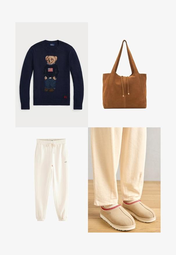 Marinebrei trui met een geborduurd teddybeerontwerp, een vlagtrui, spijkerbroek in denim blauw en bruine schoenen. Rode logo op de zoom.; Crème-kleurige joggpants gemaakt van zachte stof, met een elastische tailleband, trekkoord, zijzakken en geribbelde boorden. "self." logo bedrukt.; Tansuède klompen met een rode decoratieve rand en een witte rubberen zool, gecombineerd met lichtbeige broeken, geplaatst op een houten vloer.; Bruine suède schoudertas met twee lange hengsels, trekkoordsluiting en minimalistisch ontwerp. Gladde textuur en geen zichtbare hardware-accenten.