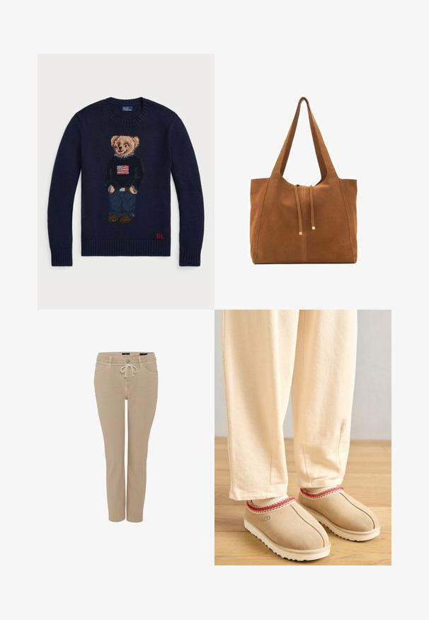 Maglione a maglia blu navy con un design di orsetto ricamato che indossa un maglione a strisce, jeans blu denim e scarpe marroni. Logo rosso sull'orlo.; Pantaloni beige realizzati in tessuto misto cotone, con vita regolabile tramite cordoncino, tasche frontali e un design gamba slim e affusolato.; Zoccoli in suede color nocciola con un bordo decorativo rosso e suola in gomma bianca, abbinati a pantaloni beige chiaro, posati su un pavimento di legno.; Borsa a tracolla in suede marrone con due lunghe cinghie, chiusura con cordoncino e design minimalista. Texture liscia e senza elementi hardware visibili.