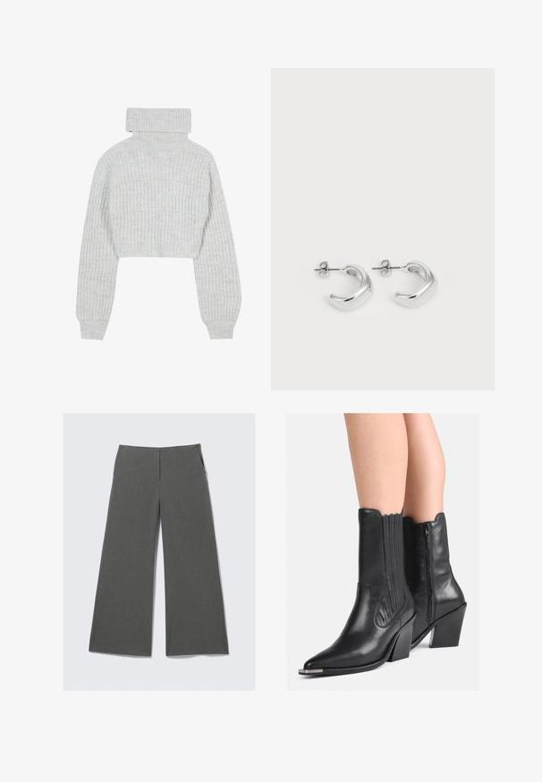 Lichtgrijze, een geknipte gebreide trui met een hoge col, brede mouwen en een gestructureerd ribbelpatroon. Zacht materiaal met een iets losse pasvorm.; Grijze wijde broek met een subtiel streeppatroon, voorzien van twee zijzakken en een soepel taillebandontwerp.; Zwarte leren cowboylaarzen tot halverwege de kuit met een puntige neus, gestapelde hakken, een zijrits en decoratieve stiksels, gedragen op blote benen.; Zilveren creolen met een gladde, gepolijste afwerking. Ronde vorm met een licht gebogen ontwerp en versmolten randen. Met pin sluiting.