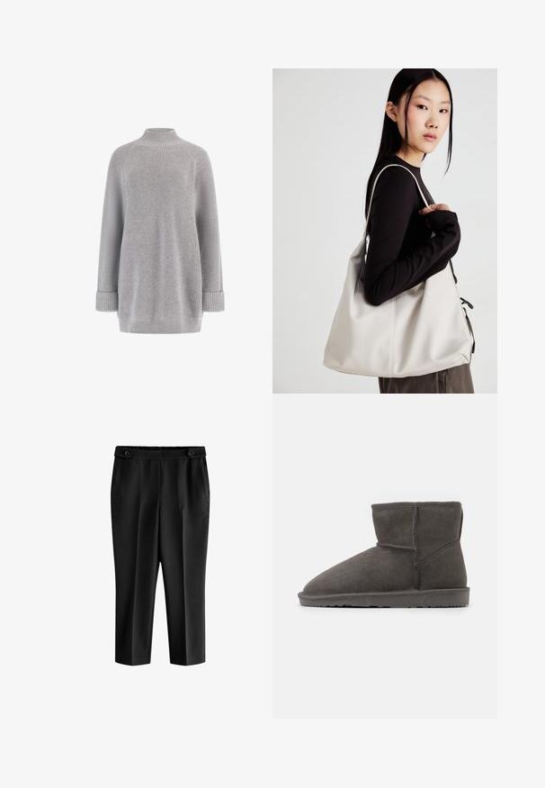 Lichtgrijze, gebreide trui met een hoge hals, lange mouwen, geribbelde textuur en opgerolde manchetten, die een ontspannen pasvorm en een zachte uitstraling biedt.; Zwarte cropped broeken met een losse pasvorm, elastische tailleband en twee voorkruiken. De stof heeft een gladde textuur met een licht glanzende afwerking.; Grijze suedelaarzen tot de enkel met een ronde neus en een zachte binnenvoering. Beschikt over een platte rubberen zool en minimale stikseldetails.; Beige handtas gemaakt van zacht materiaal, met een slonzig ontwerp, gestikte details en twee schouderbanden. Geschikt voor dagelijks gebruik.