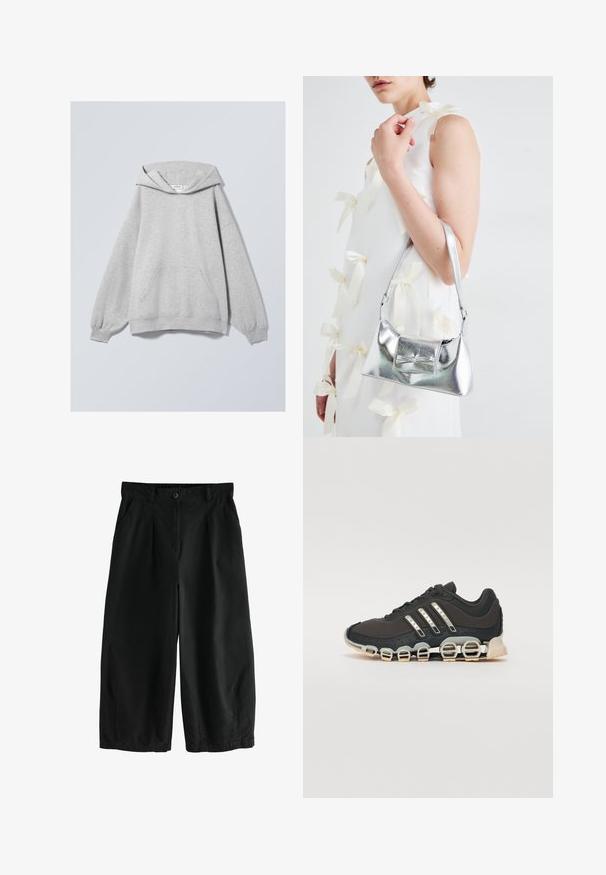 Hallid kätisega hall dressipluus, üle mõõtme sobivus, langenud õlad, suur eesmine tasku, ribakäised ja serv, valmistatud pehmest puuvilla segust.; Mustad laiad puuvillased püksid, millel on nupuga kinnitamine, ees voldid ja küljetaskud; sile tekstuur ja vaba lõige.; Must have sportlik kingad musta värvi, millel on tekstuuriga pealisosa, kolm hõbedast triipu ja eristuv pehmendusnähtus, millel on mitmed integreeritud osad.; Hõbedane metallik käekott struktureeritud kujuga, millel on ülemine sang ja ettepoole suunatud paeladetail. Sile tekstuur, peegeldav viimistlus.