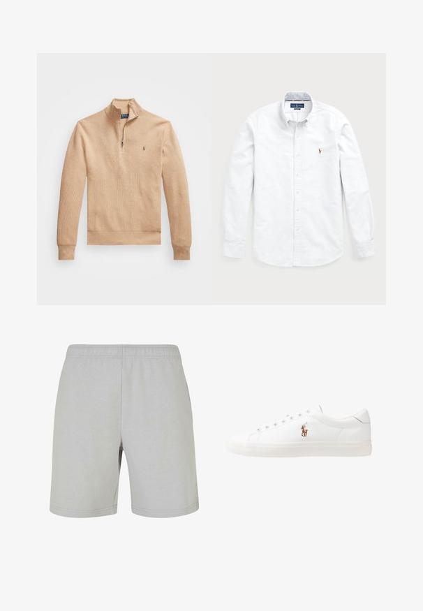Beige pulover s položajem na pol-zi, rebrastim manžetama in robom, z teksturirano tkanino in majhnim logotipom na levi prsni strani.; Bela srajca z dolgimi rokavi in gumbi, izdelana iz bombaža. Ima razprostran ovratnik, gumb zapiranje ter majhen vezen logotip na prsih.; Svetlo sivi šortsi iz mehkega bombažnega blaga, z elastičnim pasom. Oblika je preprosta, s šivanim robom in brez žepov.; Bela usnjena teniski čevlji, nizki model, z gladko teksturo, okrogle konice, vezavi spredaj ter majhnim vezenim logotipom na strani.