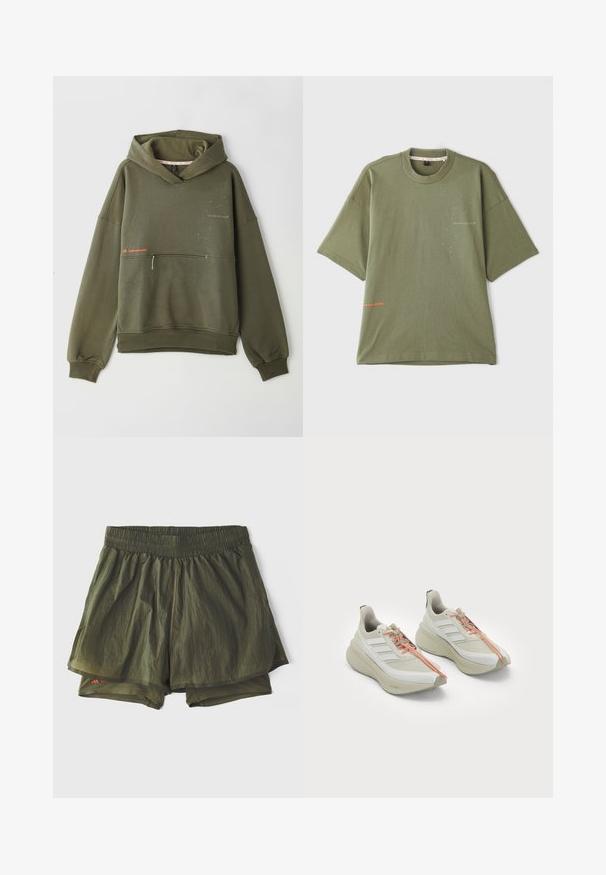 Olive green hoodie made of soft fabric, featuring a front pocket, a high neck, and printed text with small accents of light color.; Olive green cotton t-shirt with short sleeves, crew neckline, and front text detail in white and orange. Smooth texture, relaxed fit.; Olive green athletic shorts with an elastic waistband, inner lining, and perforated panels for ventilation. Lightweight, casual design.; White athletic shoes with a textured upper, featuring three diagonal stripes, orange laces, and a cushioned, curved sole design.