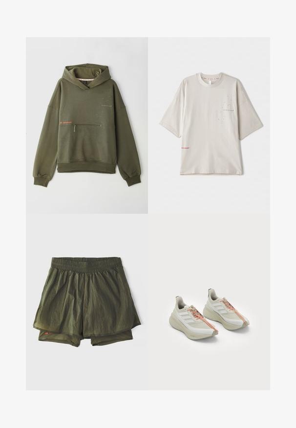 Sudadera verde oliva hecha de una tela suave, con un bolsillo frontal, cuello alto y texto impreso con pequeños acentos de color claro.; Camiseta oversized de color gris claro con mangas cortas, que presenta un pequeño estampado negro en el pecho y un logo rojo en el dobladillo. Material de algodón suave.; Pantalones cortos deportivos de color verde oliva con una cinturilla elástica, forro interior y paneles perforados para ventilación. Diseño ligero y casual.; Zapatillas deportivas blancas con parte superior texturizada, que presentan tres rayas diagonales, cordones naranjas y un diseño de suela curva y acolchada.