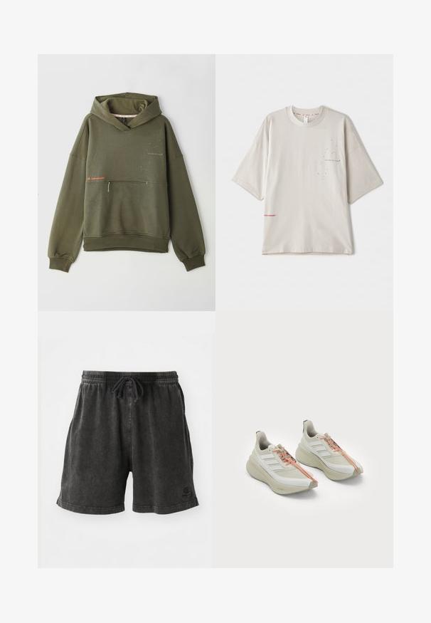 Oliivroheline kapuutsiga särk, millel on pehme kangas, eesmine tasku, kõrge kaelus ja trükitud tekst, millel on väiksed heledate värvide aktsendid.; Hele hallikas suur T-särk lühikeste varrukatega, millel on rinnal väike must trükk ja hemil punane logo. Pehme puuvillane materjal.; Süsi hallist puuvillasegusest kangast lühikesed püksid, millel on elastne vöökoht koos paelaga ja väike logo alumises servas.; Valged sportlikud jalanõud, millel on tekstuuriga ülemine osa, kolm diagonaalset triipu, oranžad paelad ja pehmendatud, kõverad talladisain.