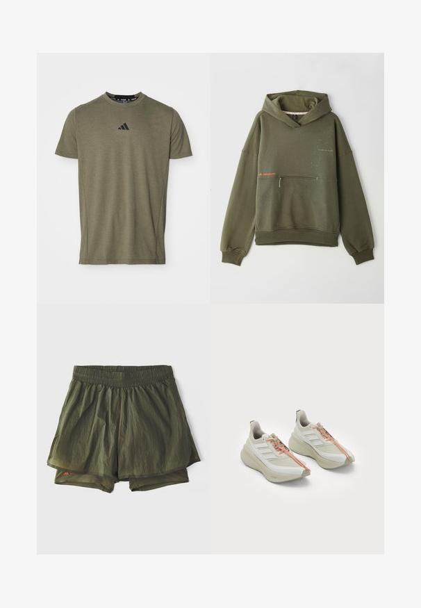 Maslinasto zelena dukserica od mekog materijala, koja ima prednji džep, visoki ovratnik i ispisani tekst s malim naglascima svijetle boje.; Maslinasta zelena majica kratkih rukava od mekanog materijala, s crnim Adidas logotipom na prsima i klasičnim okruglim izrezom.; Maslinasto zelene sportske kratke hlače s elastičnim pojasom, unutarnjom podstavom i perforiranim panelima za ventilaciju. Lagani, ležerni dizajn.; Bijele sportske tenisice s gornjim dijelom od teksturirane tkanine, narančastim vezicama, dizajnom logotipa s tri pruge i debelim, jastučićem potplatom.