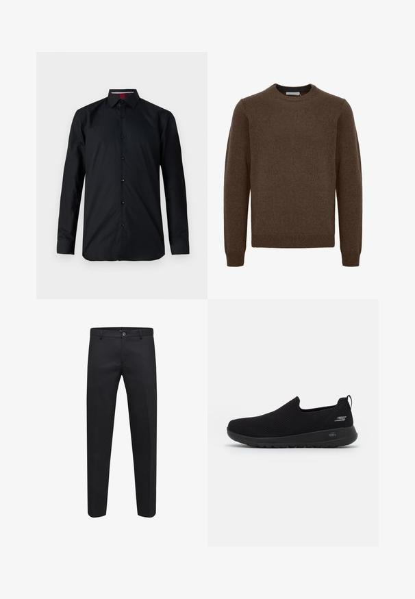 Pruun kudumissedel, ümmarguse kaeluse, pikkade varrukate, soonikkoes krae ja hemiga. Valmistatud pehmest, tekstuurist materjalist. Mustrid ja aksessuaarid ei ole nähtavad.; Mustad musta pika varrukaga särk, mis on valmistatud siledast kangast. Omab nööbiga eesmist osa, klassikalist kraed ja diskreete õmblusi. Tugevdatud varrukamalud.; Mustad kohandatud püksid, mis on valmistatud siledast kangast ja millel on nööbilukk, vöökonksud ning küljetaskud, otse jalgade disainiga.; Mustad musta libisemisega sneaker, millel on hingav võrkkate, ümar varvas ja pehmendatud kummist tald. Külgedel on logo.