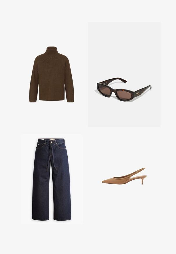 Ruskea neulepaita, jossa on korkea kaulus, raglan-hihat ja ribbaustekstuuri. Rentoa istuvuutta, solidi väri ilman kuvioita.; Ruskea pitkähihainen puuvillapaita, jossa on kukkakoristeet edessä ja helmassa. Ominaisuuksiin kuuluu klassinen kaulus ja löysä muotoilu.; Korkeavyötäröiset tummansiniset leveälahkeiset farkut, joissa on narunauhakuja, viisi taskua ja kontrastiväriset ompeluseikat.; Tan-nahkainen slingback-muotokengä, jossa on terävä kärki, pieni stiletto-korko ja koristeellinen aukko, jossa on rivi koristeellisia niittejä.; Ruske torbice u obliku pravokutnika sa tamnosmešnim sočivima i zlatnim "vogue" brendiranjem na sljepočnicama.; Kudotusta ruskeasta nahasta valmistettu käsilaukku, jossa on pyöreä muoto, kaksinkertaiset yläkahvat ja sileä pinta; sisältää hienovaraisia ompelukuvioita suunnittelun yksityiskohtana.