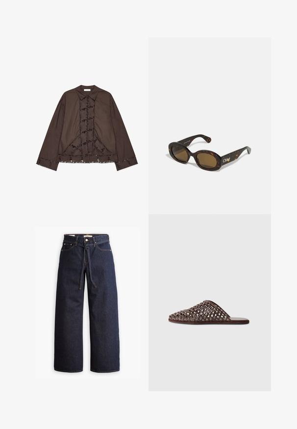 Hnedý pletený sveter s vysokým golierom, raglánovými rukávmi a rebrovanou textúrou. Voľný strih, s jednofarebným dizajnom bez vzorov.; Hnedá košeľa s dlhým rukávom vyrobená z bavlny s kvietkovou čipkovou aplikáciou vpredu a na leme. Má klasický golier a voľný strih.; Široké tmavomodré denimové džínsy s vysokým pásom, so šnúrkou na sťahovanie, piatimi vreckami a kontrastným prešívaním.; Hnedé tkané slide sandále s oblejším prstom, otvoreným dizajnom, plochou podrážkou a textúrovaným povrchom. Ľahký materiál a minimalistický siluet.; Korytnačkové slnečné okuliare s oválnymi rámami, hnedými tónovanými šošovkami a značkovaním "Chloé" na rámiku. Hladký plastový materiál s lesklým povrchom.; Tkaná hnedá kožená kabelka zaobleného tvaru, s dvojitými hornými uchami a hladkým povrchom; obsahuje jemné prešívanie pre dizajnový detail.