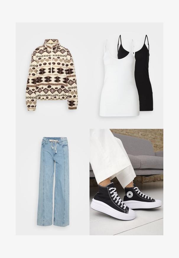 Kreemist fliispullover, millel on tumepruunid ja taupe-geomeetrilised mustrid, kõrge krae, pool-hea tõmblukk ees ning elastne mansett ja äär.; Kaks naiste topsi: üks valge ja teine must, pehmest kangast, õhukeste rihmadega ja sügava V-kaelusega.; Heledad sinine lai seelik, mis on valmistatud denimist. Omab nööriga vööd, peeneid õmblusdetailide ja keeratud alumisi servi.; Mustad kõrge säärega tossud valgete kummist tallade ja paeltega. Omad ümmargust logomärki ja kontrastset valget õmblust. Materjaliks lõuend.