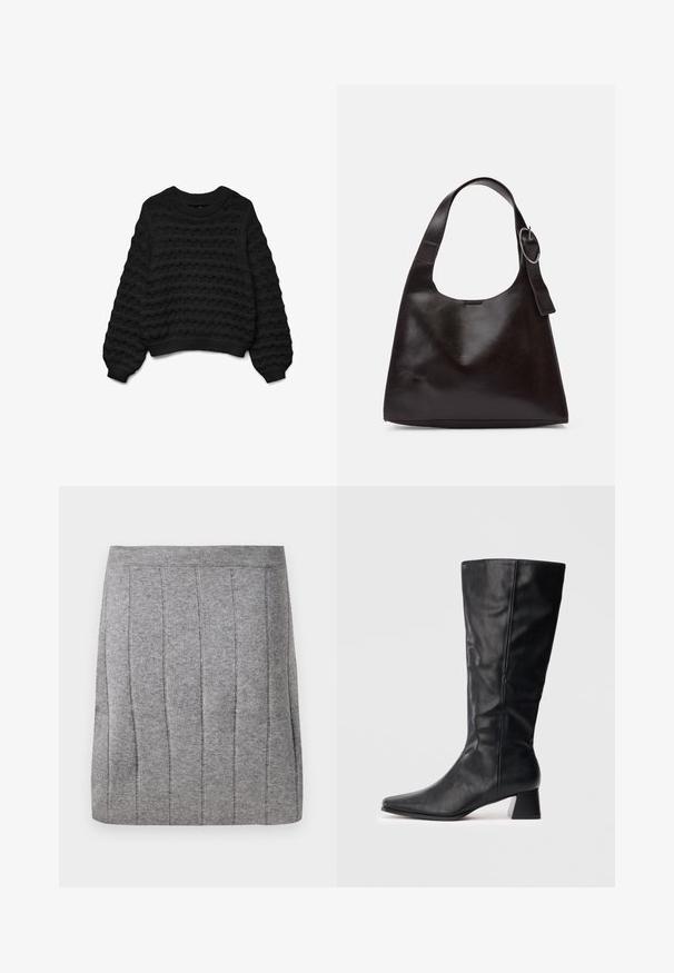 Pull noir en tricot avec un motif ondulé, col rond et manches longues. Doté de poignets et d'un ourlet côtelés pour un aspect texturé.; Object OBJTHESS - Minijupe - medium grey; Botte en cuir noire mi-mollet avec un bout pointu et un talon bloc sur fond clair.; Sac en cuir marron porté épaule avec une texture lisse, une forme arrondie, une large sangle et un accent métallique circulaire sur la poignée.