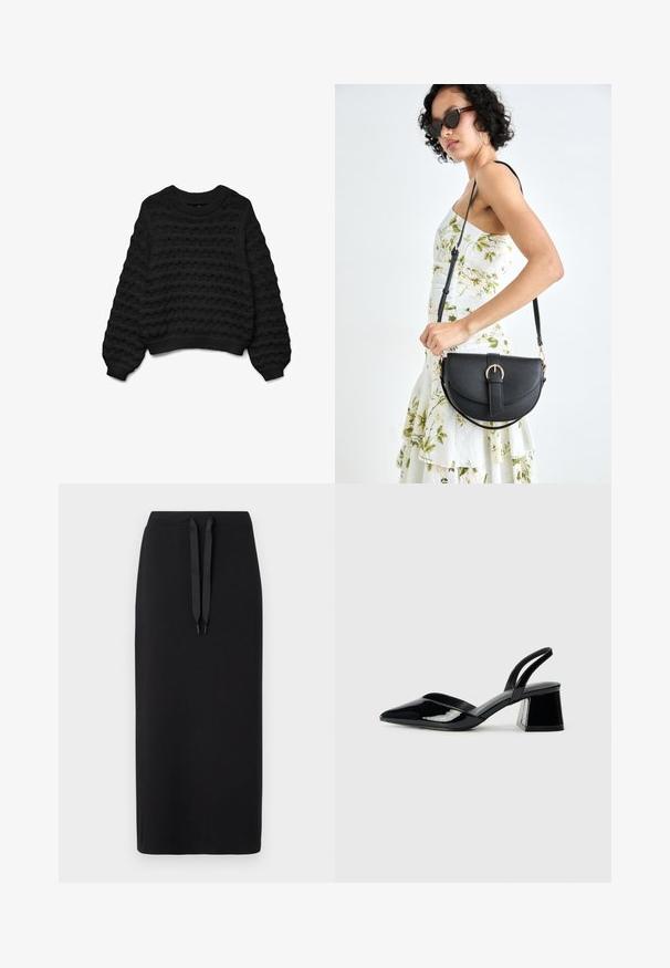 Černý pletený svetr s vlnkovým vzorem, kulatým výstřihem a dlouhými rukávy. Má žebrované manžety a lem pro texturovaný vzhled.; Černá midi sukně vyrobená z měkké látky, s elasticitou v pase. Jednoduchý design se sešívanou siluetou a bez dalších vzorů.; Černé lakované kožené lodičky na pásku s špičatou špičkou a geometrickým blokovým podpatkem. Vyznačují se elegantním, minimalistickým designem a hladkým povrchem.; Černá kožená kabelka s křivkovým tvarem, odnímatelným popruhem a zlatými detaily. Kabelka má klopu s přezkou.