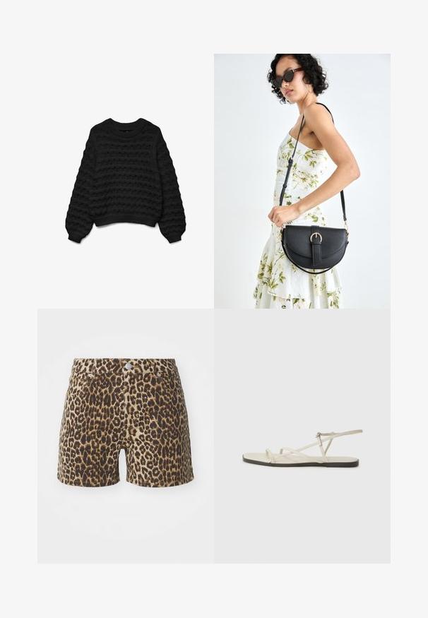 Suéter negro de punto con un diseño ondulado, cuello redondo y mangas largas. Presenta puños y dobladillo acanalados para un aspecto texturizado.; Shorts de estampado de leopardo en tonos marrón y beige, con bolsillos, cierre de botón y un diseño ajustado. Fabricados en una tela ligera.; Sandalia plana beige con múltiples correas delgadas y hebilla ajustable. La suela es plana con un leve contraste oscuro en el borde.; Bolso de piel negra con forma curva, correa desmontable y herrajes dorados. El bolso cuenta con una solapa con un detalle de hebilla.