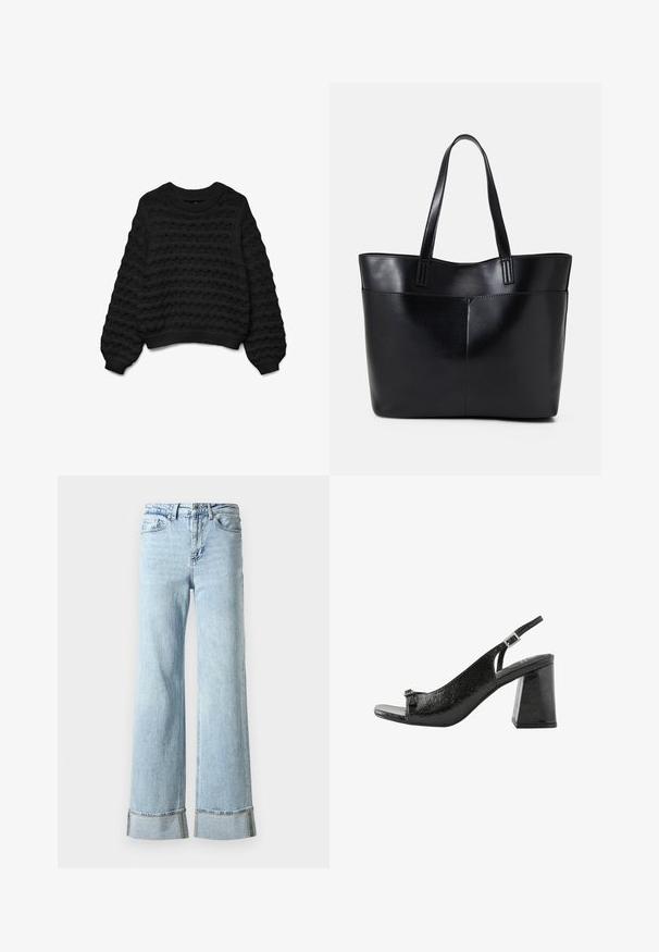 Melnas adītas džemperis ar viļņotu dizainu, ar apaļu kakla izgriezumu un garām piedurknēm. Iekļauj ribotas piedurknes un apakšgali, veidojot teksturētu izskatu.; Gaiši zili džinsi ar platām kājām, saplēstiem galiem un dekoratīviem rhinestones akcentiem pie uzmavām. Standarta piecu kabatu dizains.; Next Sandales - black; Melnas ādas iepirkumu soma ar divām garām rokturām, gludu tekstūru un strukturētu formu. Iekļauj priekšējo kabatu papildu uzglabāšanai.