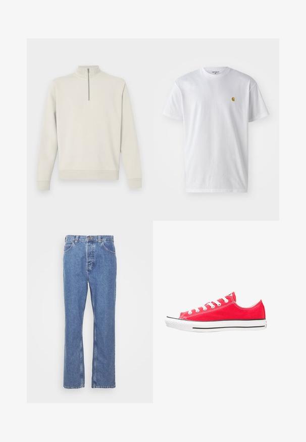 Pulôver off-white de mangas longas com fecho de correr de um quarto e gola alta, com punhos e bainha canelados, exibido sobre um fundo simples.; T-shirt branca de algodão com mangas curtas, decote redondo, apresentando um pequeno logótipo dourado na área do peito esquerdo. Textura macia e ajuste regular.; Jeans de ganga azul com um corte reto, design de cinco bolsos, passantes de cinto e fecho de botão. O tecido tem um acabamento suave e texturizado.; Tenis de lona vermelhos com biqueira e sola em borracha branca. Apresenta cinco pares de ilhós brancos, risca lateral preta e superfície texturizada.