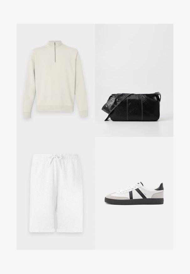 Langærmet off-white pullover med kvart lynlås og høj krave, ribbede manchetter og kant, vist på en ensfarvet baggrund.; Hvide bomuldsshorts med elastisk talje og justerbar snor. Har en lige pasform og glat tekstur. Ingen mønstre eller detaljer.; Hvide sneakers med sorte og grå detaljer, med en tekstureret grå tåhætte, sort gummisål og flade hvide snørebånd. Rent design, minimalistisk stil.; Sort læder skuldertaske med lynlås, der har en tekstureret overflade, hvid syning og en rem med sølvøskner.