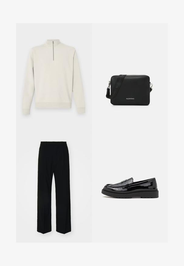 Long-sleeve off-white pullover with a quarter zip and high collar, ribbed cuffs and hem, displayed on a plain background.; GAP LOOSE - Trousers - true black; Black patent leather loafers with a rounded toe, a decorative strap, and a thick black rubber sole. Smooth shiny texture with minimal stitching.; Black rectangular crossbody bag made of textured material, featuring a silver hardware clasp and a branded adjustable strap.