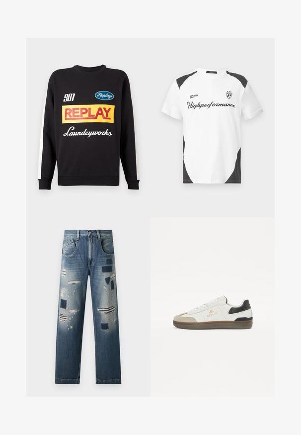 Sort crewneck sweatshirt med hvide striber på ærmerne, med flerfarvede "Replay" og "Laundryworks" tekstlogoer på fronten.; Hvid kortærmet t-shirt med sorte accenter. Har "REPLAY FC" logoet og "Highperformance" teksten i en sporty skrift. Lavet af et glat materiale.; Denim jeans med slidte lapper og varierende nuancer af blå, med en lige benudskæring og traditionelt fem-lomme design.; Hvide og sorte sneakers lavet af læder og ruskind, med rund tå, tekstureret sål, guld logo og kontrasterende hælkant.