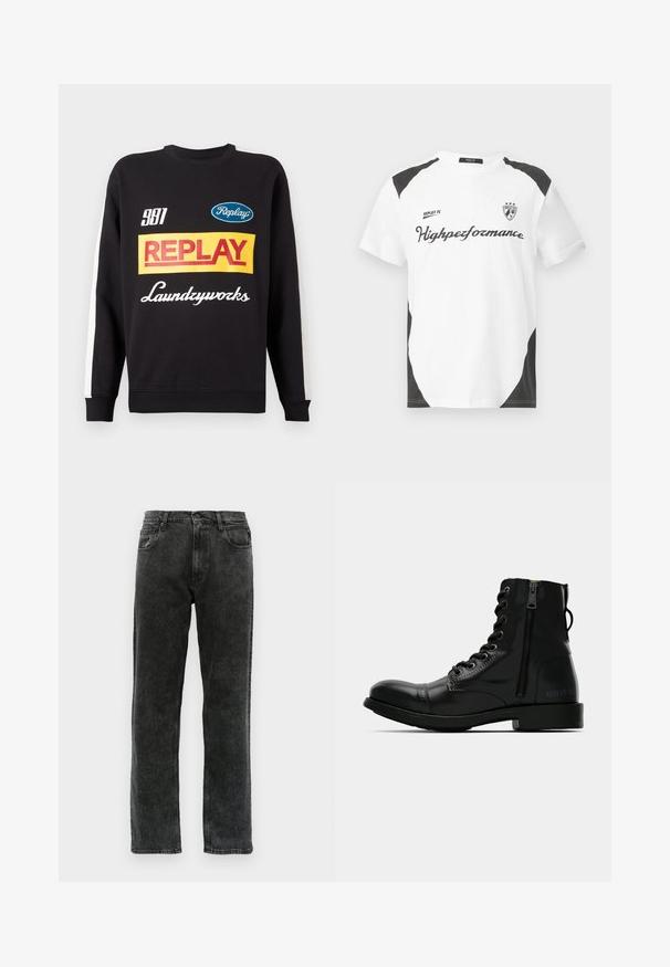 Musternud mustri sweat-pullover must sisaldab valgeid triibusid varrukatel, ees on mitmevärviline "Replay" ja "Laundryworks" tekstilogo.; Valge lühikeste varrukatega t-särk mustade aktsentidega. Omab "REPLAY FC" logo ja "Highperformance" teksti sportlikus kirjas. Valmistatud siledast materjalist.; Mustad teksased otse lõikega, millel on viis taskut, nööbiga sulgemine ja õrn pleekimine kangal.; Must musta garnissiboot, millel on ümar varvas, esilukuga, külje tõmblukk ja lame talla. Omab reljeefset brändimist kandadel.