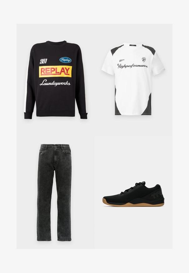 Fekete kerek nyakú pulóver fehér csíkokkal a ujjain, a mellkason színes "Replay" és "Laundryworks" feliratú logókkal.; Fehér, rövid ujjú póló fekete részletekkel. Az "REPLAY FC" logó és a "Highpeformance" felirat sportos betűtípussal díszíti. Simogatós anyagból készült.; Fekete farmernadrág egyenes szárvágással, öt zsebbel, gombos záródással és enyhe elhalványulással az anyagon.; Fekete sportcipők textúrált hálós felsőrésszel, fűzős dizájnnal és gumitalppal. Diszkrét kék márkázás található a saroknál.