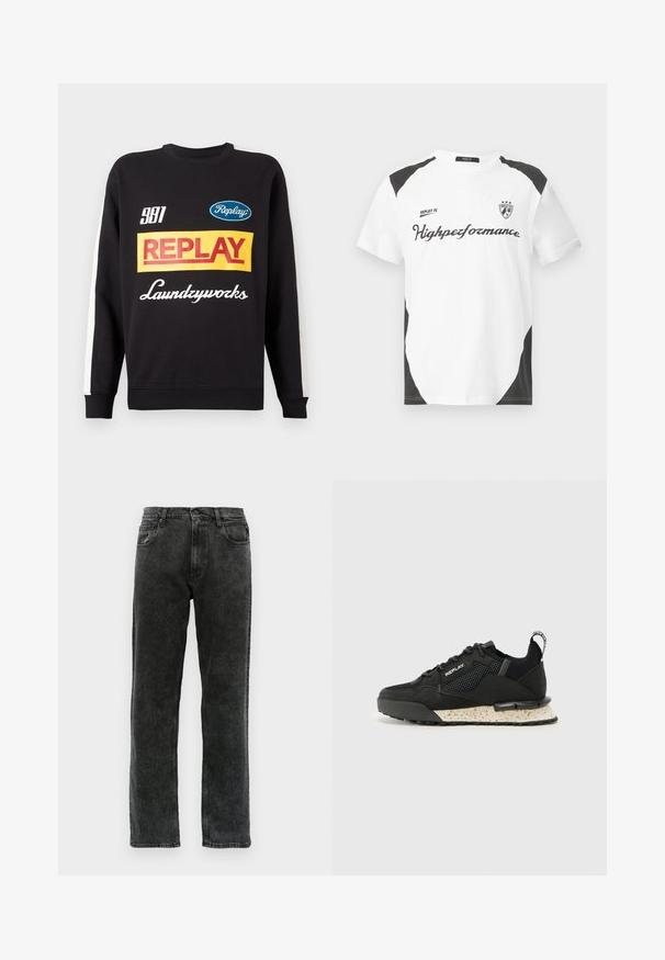 Svart crewneck genser med hvite striper på ermene, med fargerike "Replay" og "Laundryworks" tekstlogoer på forsiden.; Hvit kortermet T-skjorte med svarte detaljer. Har "REPLAY FC" logo og "Highpeformance" tekst i en sporty skrifttype. Laget av et glatt materiale.; Svarte denimjeans med rett ben, med fem lommer, knappelukking og subtile falminger langs stoffet.; Replay FIELD MELT 25 - Joggesko - black