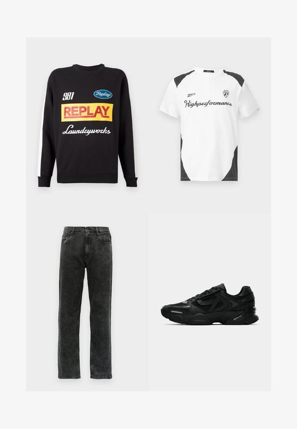 Sweat-shirt noir à col rond avec des rayures blanches sur les manches, présentant des logos de texte multicolores "Replay" et "Laundryworks" sur le devant.; T-shirt blanche à manches courtes avec des accents noirs. Présente le logo "REPLAY FC" et le texte "Highperformance" dans une police sportive. Fabriquée à partir d'un matériau lisse.; Jean en denim noir avec une coupe droite, comportant cinq poches, une fermeture à bouton, et un léger délavage sur le tissu.; Baskets de sport noires avec une tige texturée, des accents lumineux et des semelles rembourrées. Comprend des lacets et un logo de la marque sur le côté.