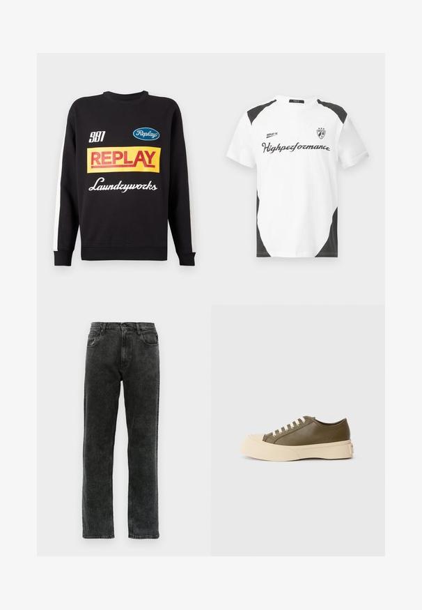 Musternud mustri sweat-pullover must sisaldab valgeid triibusid varrukatel, ees on mitmevärviline "Replay" ja "Laundryworks" tekstilogo.; Valge lühikeste varrukatega t-särk mustade aktsentidega. Omab "REPLAY FC" logo ja "Highperformance" teksti sportlikus kirjas. Valmistatud siledast materjalist.; Mustad teksased otse lõikega, millel on viis taskut, nööbiga sulgemine ja õrn pleekimine kangal.; Olivine roheline madala profiiliga spordijalats paksu kreemja tallaga ja valgete paeltega, eksponeeritud neutraalsel valgel taustal.