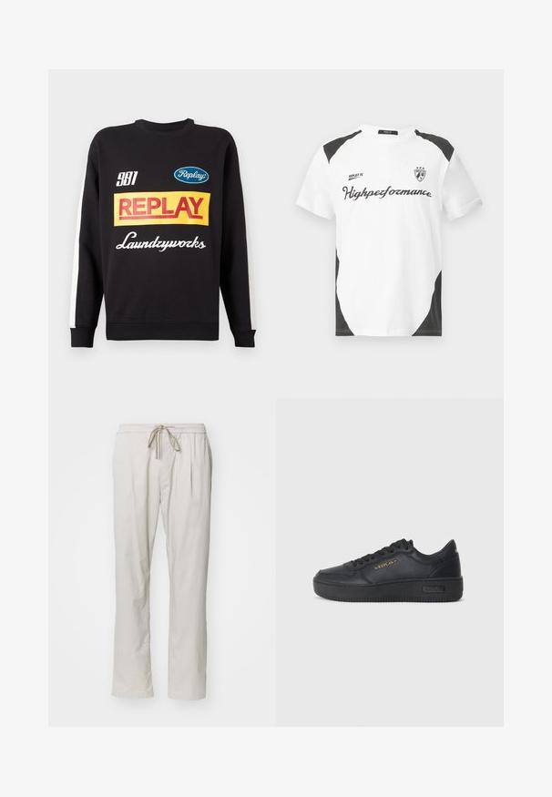 Melna kreklu džemperis ar baltām svītrām uz piedurknēm, kas priekšā rotā multikolorīgi teksta logotipi "Replay" un "Laundryworks".; Balts īsām piedurknēm T-krekls ar melniem akcentiem. Ar "REPLAY FC" logotipu un "Highpeformance" tekstu sportiskā fontā. Izgatavots no gludas materiāla.; Gaiši beidži, viegli svarīgās bikses ar elastīgu jostu un auklu. Satur divas sānu kabatas un taisnu kāju dizainu.; Replay EPIC HIGH - Treniņu apavi - black