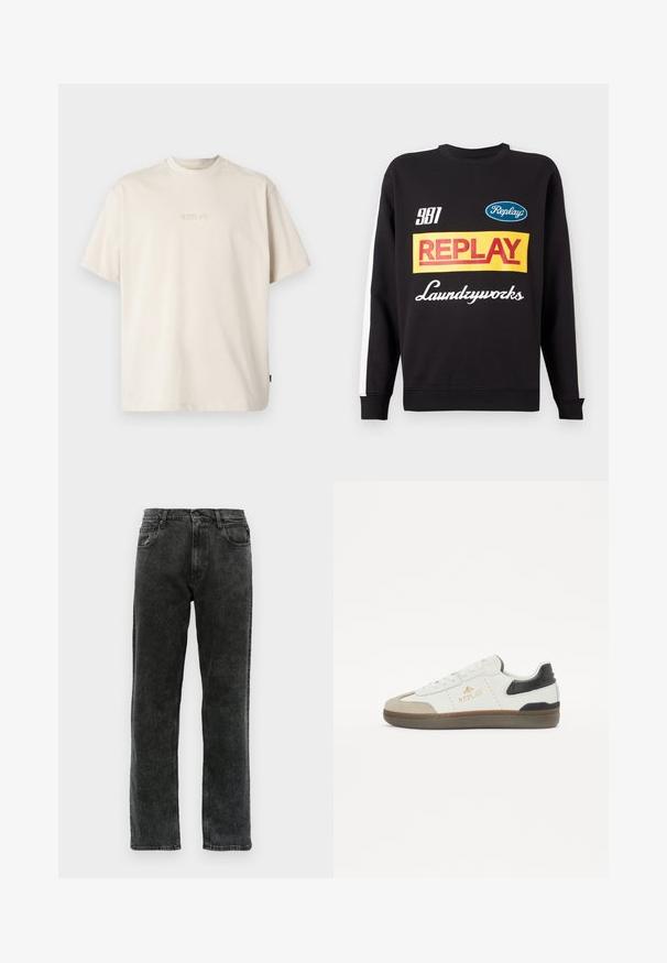 Černá mikina s kulatým výstřihem a bílými pruhy na rukávech, s multikolorovými textovými logy "Replay" a "Laundryworks" na přední straně.; Replay Jednoduché tričko - alabaster; Černé džíny z denimu se střihem rovného nohavice, s pěti kapsami, zapínáním na knoflík a jemným vyblednutím po celé látce.; Bílé a černé tenisky vyrobené z kůže a semiše, s zaoblenou špičkou, texturovanou podrážkou, zlatým logem a kontrastním akcentem na patě.