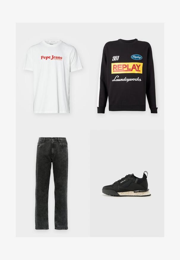 Melna kreklu džemperis ar baltām svītrām uz piedurknēm, kas priekšā rotā multikolorīgi teksta logotipi "Replay" un "Laundryworks".; Balta kokvilnas T-krekls ar sarkanu "Pepe Jeans" logo tekstu. Īsas piedurknes un apaļa kakla izgriezums, standarta piegriezums un nav redzamu rakstu.; Melnas denim bikses ar taisnu kāju griezumu, piecas kabatas, pogu aizdari un maigu izbalēšanu pa audumu.; Replay FIELD MELT 25 - Sporta apavi - black