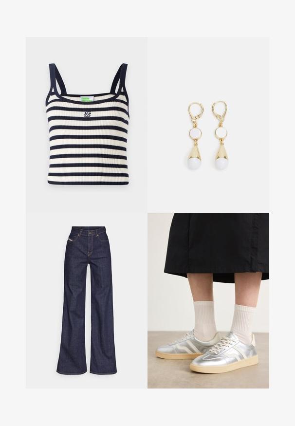Cremefarbener Strickpullover mit geripptem Saum und Manschetten, mit dem Logo "DKNY NEW YORK" in auffälliger dunkelbrauner und beiger Stickerei.; Gestreiftes Tanktop mit horizontalen navy- und weißen Streifen. Verfügt über schmale Schulterträger und ein kleines gesticktes Logo auf der Brust.; Dunkelblaue weite Jeans aus Denimstoff mit hoher Taille, ausgestattet mit orangefarbenen Nähten, fünf Taschen und einem Knopfverschluss.; Silberne synthetische Turnschuhe mit weißen Streifen, cremefarbener Sohle und strukturiertem Material; kombiniert mit hellen gerippten Socken und einem schwarzen Rock.; Goldfarbene Ohrhänger mit einem kreisförmigen weißen Stecker und einer tropfenförmigen weißen Perle mit einem verjüngten goldenen Akzent.