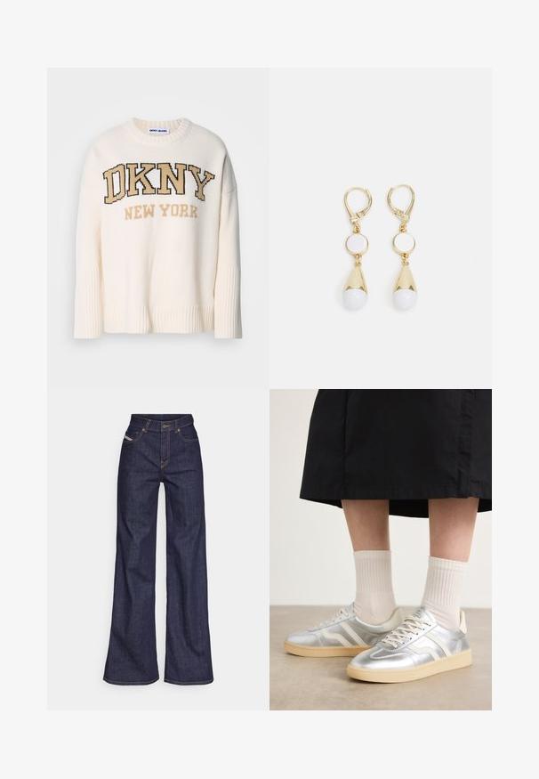 Cremefarbener Strickpullover mit geripptem Saum und Manschetten, mit dem Logo "DKNY NEW YORK" in auffälliger dunkelbrauner und beiger Stickerei.; Dunkelblaue weite Jeans aus Denimstoff mit hoher Taille, ausgestattet mit orangefarbenen Nähten, fünf Taschen und einem Knopfverschluss.; Silberne synthetische Turnschuhe mit weißen Streifen, cremefarbener Sohle und strukturiertem Material; kombiniert mit hellen gerippten Socken und einem schwarzen Rock.; Goldfarbene Ohrhänger mit einem kreisförmigen weißen Stecker und einer tropfenförmigen weißen Perle mit einem verjüngten goldenen Akzent.