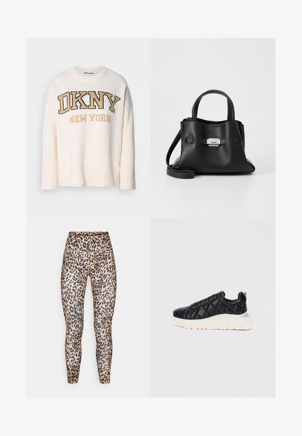 Kreminio spalvos megztinis su raukinėmis apykakle ir rankogaliais, ant kurio išryškintas "DKNY NEW YORK" logotipas tamsiai rudos ir smėlio spalvos siuvinėjimu.; Leopardo rašto leggingai su aukštu juosmeniu, lygiu paviršiumi ir prilipusio dizaino, kuris tęsiasi iki kulkšnių.; Juodos siuvinėjamos sportbačių su tekstūruota viršutine dalimi, balta masyvia padu ir juodais raišteliais, su užrašytu kulno akcentu ir paminkštinta apykakle.; Juodas odinis rankinės su tekstūruota apdaila, turintis dvi viršutinės rankenos, nuimamą peties diržą ir sidabrinį užsegimą.