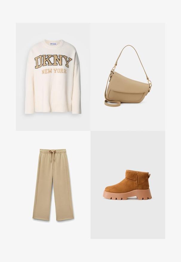 Cremefarvet strikket sweater med ribbet kant og manchetter, med "DKNY NEW YORK" logoen fremtrædende i mørkebrune og beige sting.; Beige brede sweatpants med elastisk talje, justerbar snor og sidelommer; blødt stof med en glat tekstur.; Tan ruskind ankle boots med en rund tå, en tekstureret brun sål og en strop. Har en syet søm og chunky platform design.; Even&Odd Håndtasker - beige