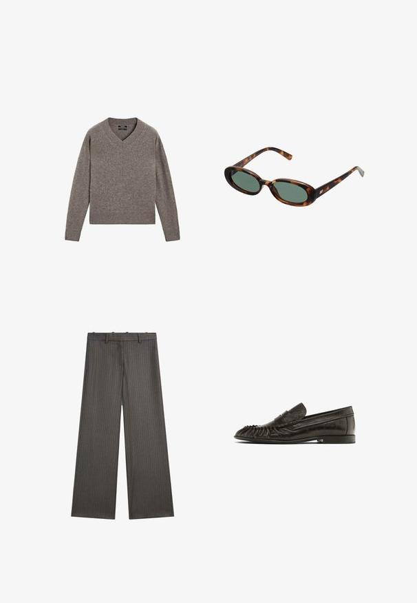 Szary, dziany sweter z dekoltem w serek i długim rękawem, z prążkowanymi mankietami i dołem, wyłożony na białym tle.; Jasnoniebieska koszula z długim rękawem wykonana z bawełny, z kołnierzykiem, zaszewkami na plecach oraz zaokrąglonym dołem z dyskretnym haftowanym logo.; Spodnie o szerokich nogawkach w ciemnoszarym kolorze, z subtelnym wzorem w prążki. Wykonane z gładkiego materiału, z płaskim przodem i szlufkami na pasek.; Czarne skórzane mokasyny z frędzlami na czubku, płaską podeszwą i przeszyciem na górze. Gładka faktura i minimalistyczny styl.; Okulary przeciwsłoneczne w kolorze tortoise z owalnymi oprawkami i zielonymi soczewkami. Posiadają cienkie zauszniki z metalowym akcentem przy zawiasach.; Torba na ramię z ciemnobrązowej skóry z cienkimi podwójnymi uchwytami i srebrnym prostokątnym klamrą na przednim pasku.
