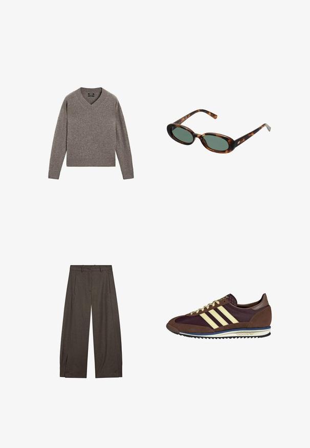 Grauer gestrickter V-Ausschnitt Pullover mit langen Ärmeln, gerippten Bündchen und Saum, flach auf einem weißen Hintergrund präsentiert.; Helles blaues Hemd mit Knopfleiste aus Baumwolle, mit Kragen, langen Ärmeln, Rückenpasse und abgerundetem Saum, verziert mit einem dezenten gestickten Logo.; Braune, weit geschnittene Hosen aus strukturiertem Stoff mit gefaltetem Vorderteil, Gürtelschlaufen und Knopfakzenten am Saum.; Braune und burgunderfarbene Sneaker aus Wildleder und Mesh-Materialien, mit drei cremefarbenen Streifen, strukturiertem Stoff an der Zunge und einer Gummisohle.; Schildpatt-Sonnenbrille mit ovalen Rahmen und grünen Gläsern. Verfügt über dünne Bügel mit einem metallischen Akzent in der Nähe der Scharniere.; Dunkelbraune Leder-Shopper-Tasche mit schlanken Doppelgriffen und einem silberfarbenen rechteckigen Schnallendetail am vorderen Riemen.