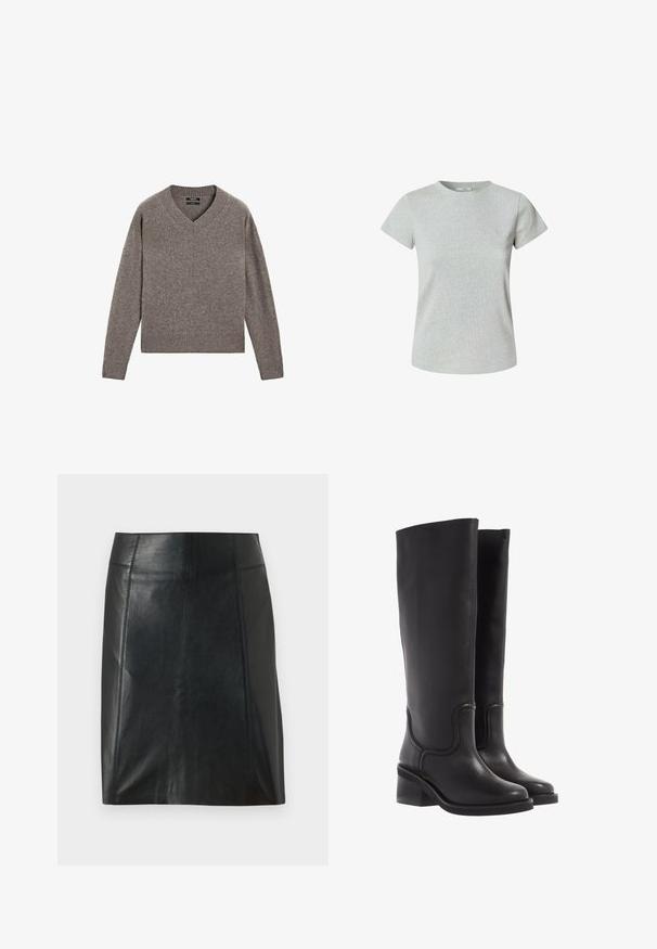 Pull en tricot gris à col en V et manches longues avec des poignets et un ourlet côtelés, présenté à plat sur un fond blanc.; T-shirt en coton gris à manches courtes et encolure ronde. Texture lisse, coupe classique, sans motifs ou embellissements visibles.; Jupe en cuir noir au design ajusté. Texture lisse, coutures soulignant la forme et ourlet droit. Apparence minimaliste et élégante.; Bottes en cuir noir montant jusqu'au genou, avec une texture lisse, un bout arrondi et un talon épais. Présente une couture discrète et un design épuré.