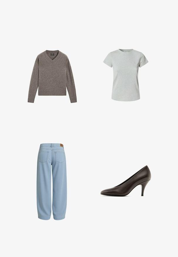 Grå strikket V-hals langærmet sweater med ribbede manchetter og kant, præsenteret fladt på en hvid baggrund.; Grå bomulds t-shirt med korte ærmer og rund halsudskæring. Glat struktur, klassisk pasform og ingen synlige mønstre eller dekorationer.; Lysblå denimbukser med en afslappet pasform, der har to baglommer, en talje med en brun læderlappen og en tapered ankel.; Brune læder høje hæle pumps med spids tå, slank silhuet og en slank, let metallisk hæl. Glat tekstur, minimale accenter.
