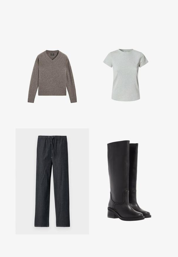 Šedý pletený svetr s V výstřihem a dlouhými rukávy, s žebrovanými manžetami a spodním lemem, vystavený na bílém pozadí.; Šedé bavlněné tričko s krátkým rukávem a kulatým výstřihem. Hladká textura, klasický střih a žádné viditelné vzory ani ozdoby.; Tmavě modré džínové kalhoty s elastickým pasem a šňůrkou, s rovnými nohavicemi a kontrastními švy.; Černé kožené kozačky do kolen s hladkým povrchem, zaoblenou špičkou a masivním podpatkem. Disponují jemným švem a elegantním designem.