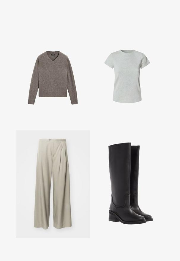 Grauer gestrickter V-Ausschnitt Pullover mit langen Ärmeln, gerippten Bündchen und Saum, flach auf einem weißen Hintergrund präsentiert.; Graues Baumwoll-T-Shirt mit kurzen Ärmeln und rundem Ausschnitt. Glatte Textur, klassischer Schnitt und keine sichtbaren Muster oder Verzierungen.; Helle graue weitgeschnittene Hosen mit strukturiertem Stoff, Falten an der Vorderseite und einem einzelnen Knopfverschluss am Bund.; Schwarze Lederstiefel bis zum Knie mit glatter Textur, abgerundeter Spitze und klobigem Absatz. Mit dezenten Nähten und einem schlanken Design.