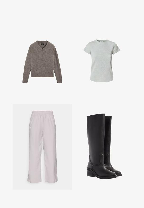Šedý pletený svetr s V výstřihem a dlouhými rukávy, s žebrovanými manžetami a spodním lemem, vystavený na bílém pozadí.; Šedé bavlněné tričko s krátkým rukávem a kulatým výstřihem. Hladká textura, klasický střih a žádné viditelné vzory ani ozdoby.; Světlé šedé kalhoty s širokými nohavicemi a elastickým pasem, dvěma bočními kapsami a hladkou texturou látky. Minimální značení na boku.; Černé kožené kozačky do kolen s hladkým povrchem, zaoblenou špičkou a masivním podpatkem. Disponují jemným švem a elegantním designem.