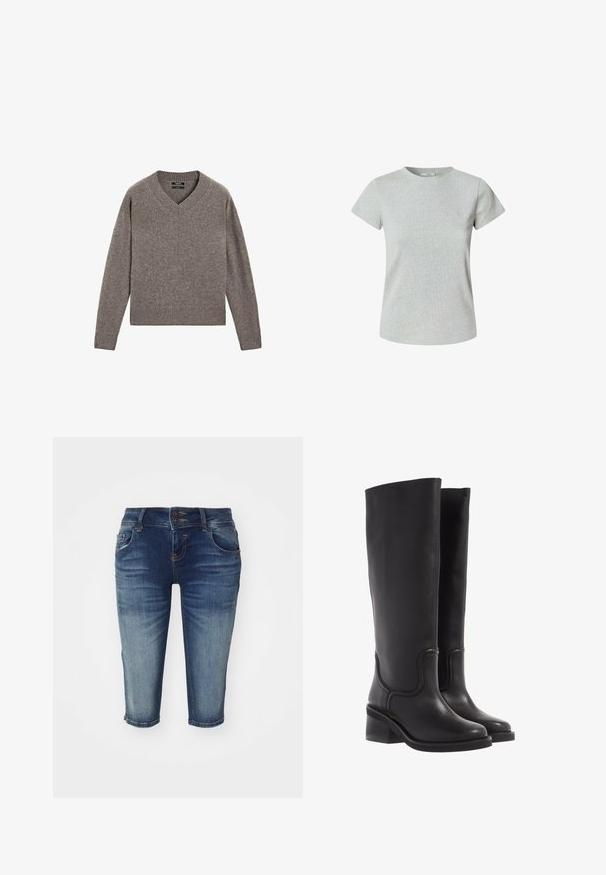 Grijze gebreide V-hals trui met lange mouwen en geribbelde manchetten en zoom, vlak op een witte achtergrond weergegeven.; Grijze katoenen t-shirt met korte mouwen en een ronde halslijn. Gladde textuur, klassieke pasvorm en geen zichtbare patronen of versieringen.; Denim bermuda shorts in donkerblauw met een vervaagde afwerking, voorzien van vijf zakken, een dubbele knoopsluiting en een rechte pijpdesign.; Zwarte leren kniehoge laarzen met een soepele textuur, ronde neus en een chunkyer heel. Heeft subtiele stiksels en een gestroomlijnd ontwerp.