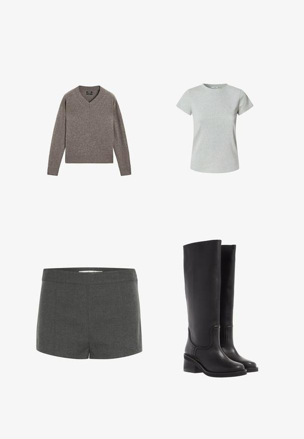Grijze gebreide V-hals trui met lange mouwen en geribbelde manchetten en zoom, vlak op een witte achtergrond weergegeven.; Grijze katoenen t-shirt met korte mouwen en een ronde halslijn. Gladde textuur, klassieke pasvorm en geen zichtbare patronen of versieringen.; Grijze op maat gemaakte shorts, gemaakt van textuurstof, met een platte tailleband en rechte snit, zonder zakken of versieringen.; Zwarte leren kniehoge laarzen met een soepele textuur, ronde neus en een chunkyer heel. Heeft subtiele stiksels en een gestroomlijnd ontwerp.